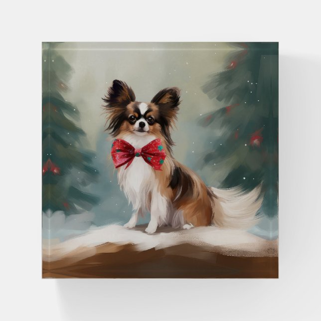 Papillon Dog in Snow Christmas  Paperweight (Front)