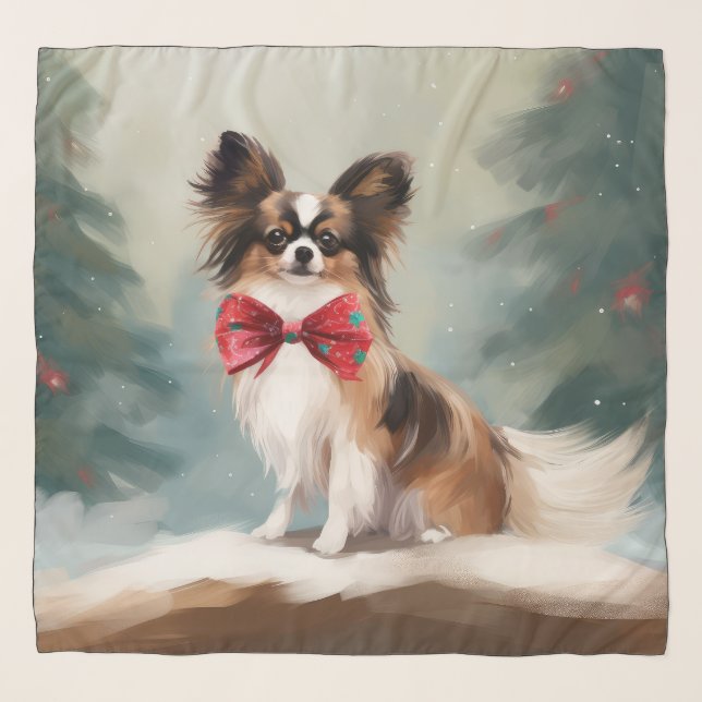 Papillon Dog in Snow Christmas  Scarf (Front)