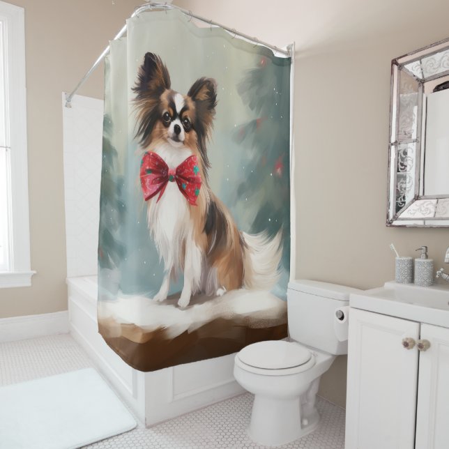 Papillon Dog in Snow Christmas  Shower Curtain (In Situ)