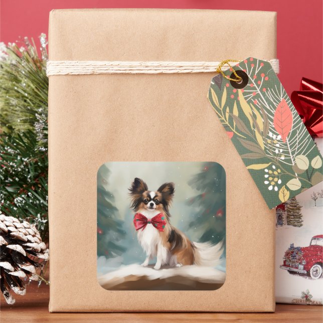 Papillon Dog in Snow Christmas  Square Sticker (Holiday)
