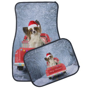 Papillon Dog in Snow sitting in Christmas Truck Car Floor Mat
