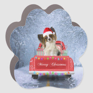 Papillon Dog in Snow sitting in Christmas Truck Car Magnet