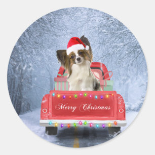 Papillon Dog in Snow sitting in Christmas Truck Classic Round Sticker