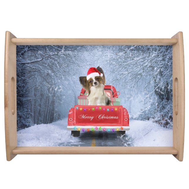 Papillon Dog in Snow sitting in Christmas Truck Serving Tray (Front)