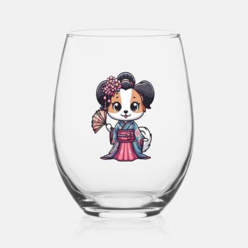 Papillon Dog Kimono   Stemless Wine Glass