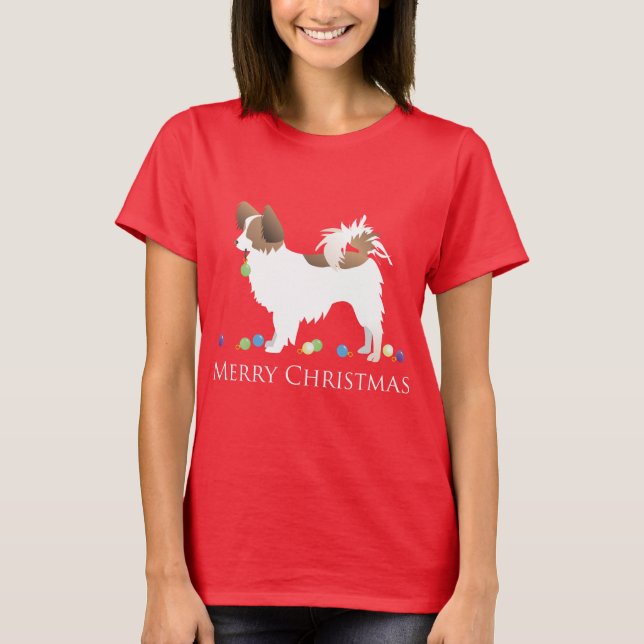 Papillon Dog Merry Christmas Design T-Shirt (Front)