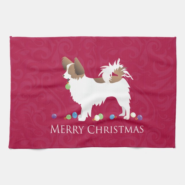 Papillon Dog Merry Christmas Design Towel (Horizontal)