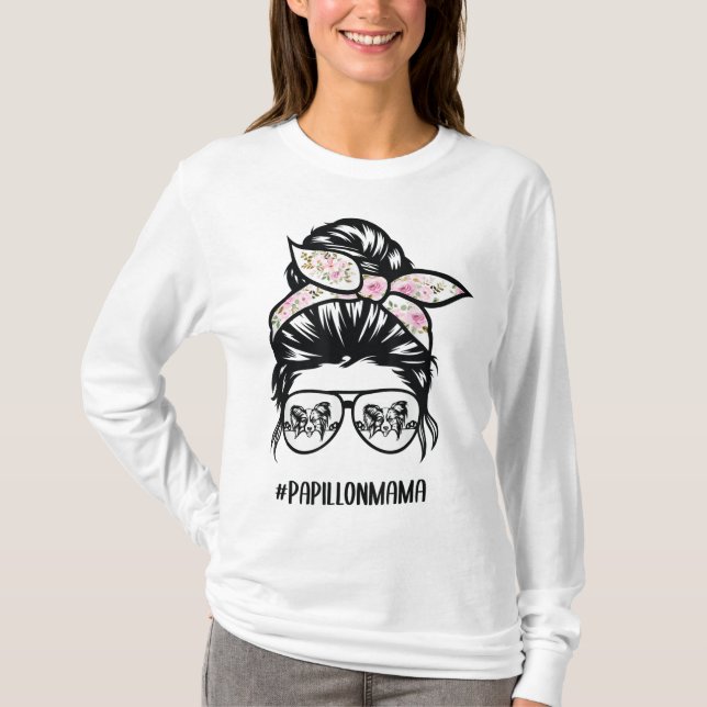 papillon dog mom messy bun hair glasses papillon m T-Shirt (Front)