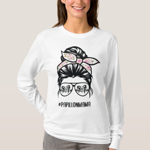 papillon dog mom messy bun hair glasses papillon m T_Shirt