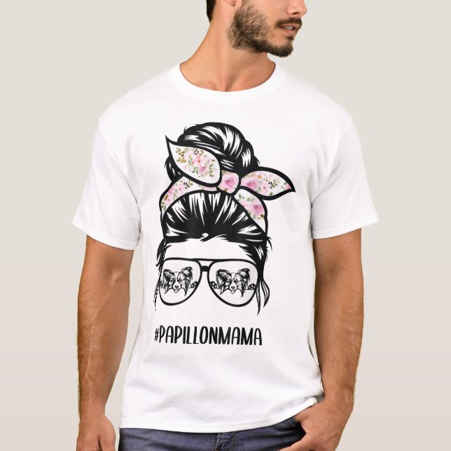 papillon dog mom messy bun hair glasses papillon m T-Shirt (Front)