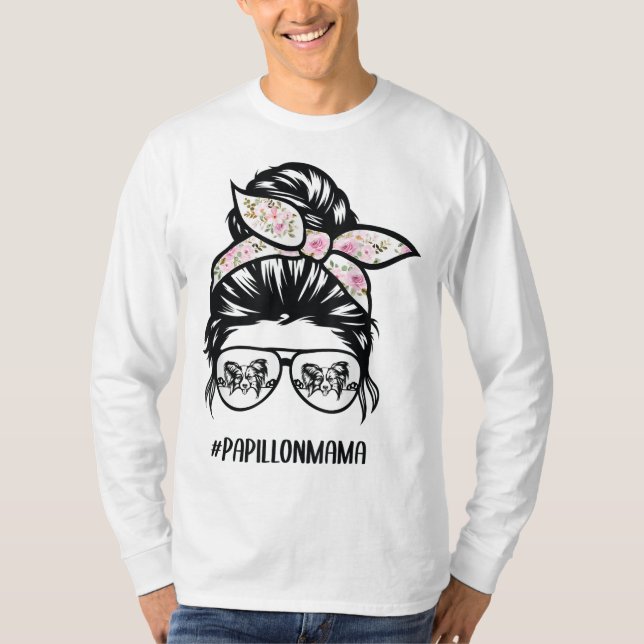 papillon dog mom messy bun hair glasses papillon m T-Shirt (Front)