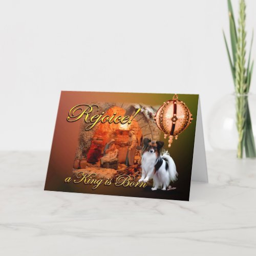 Papillon dog nativity Christmas greeting card 