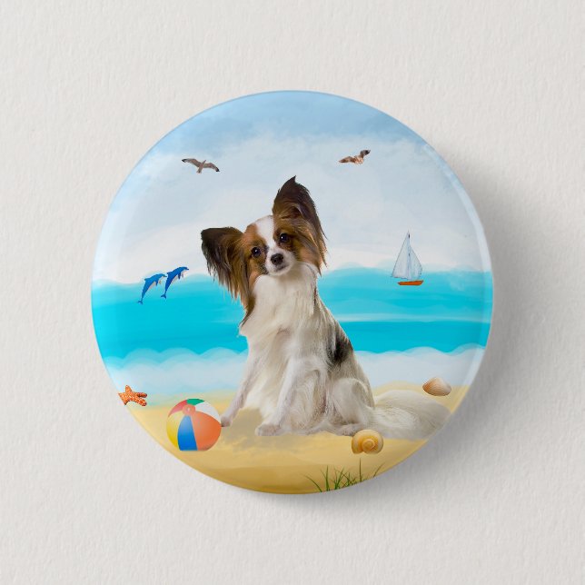 Papillon Dog on Beach Button (Front)