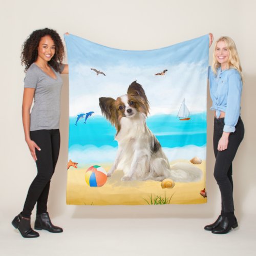 Papillon Dog on Beach Fleece Blanket