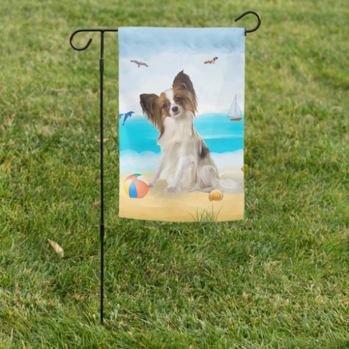  papillon Dog on Beach  Garden Flag