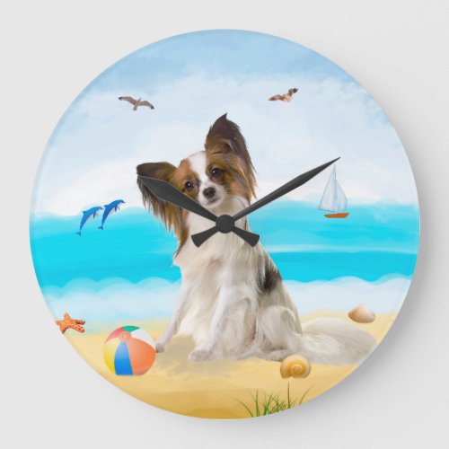 Papillon Dog on Beach Large Clock
