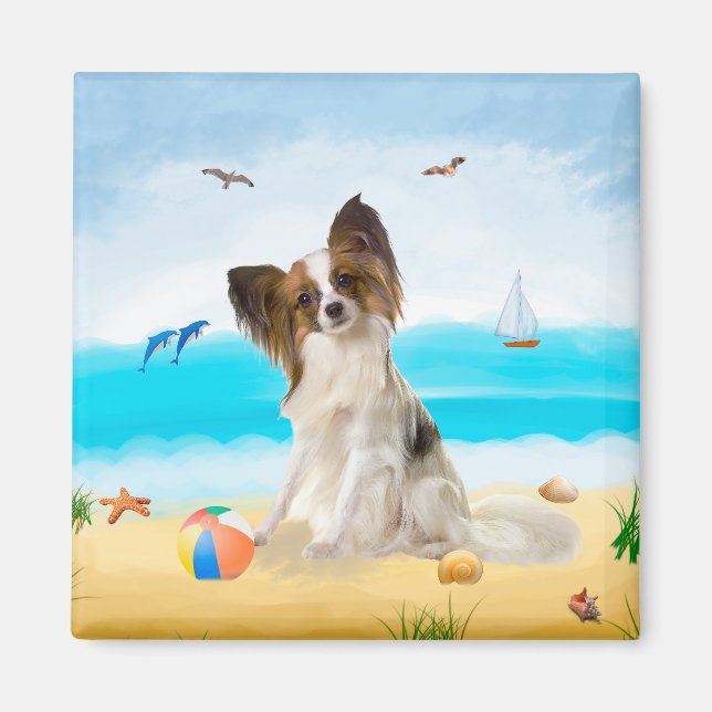 Papillon Dog on Beach Magnet (Front)