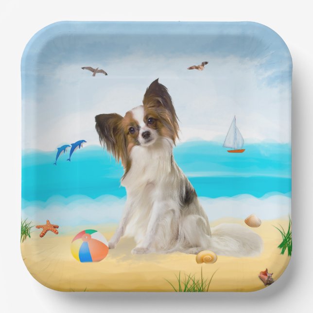 Papillon Dog on Beach Paper Plates (Front)