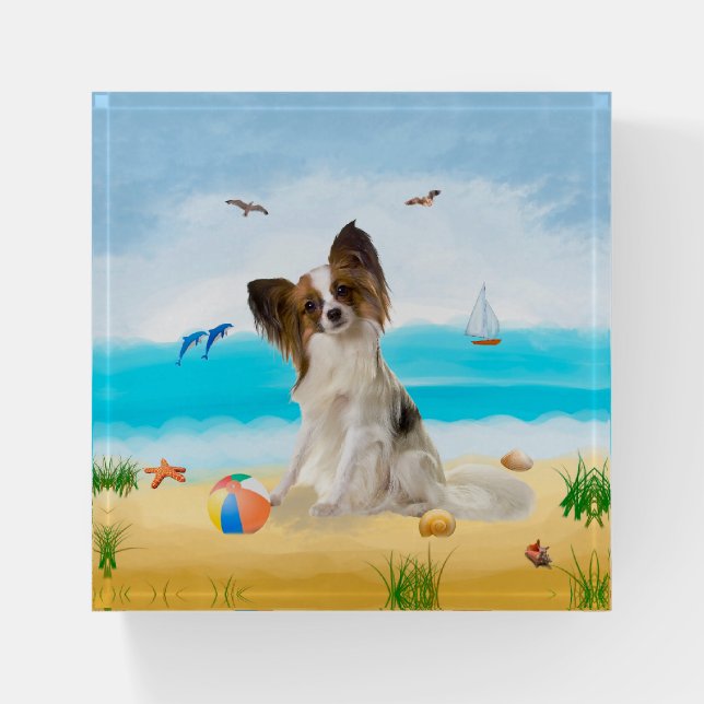 Papillon Dog on Beach Paperweight (Front)
