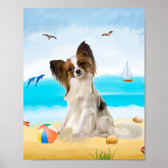 Papillon Dog on Beach Poster (Front)
