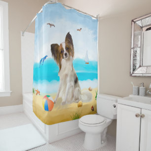 Papillon Dog on Beach Shower Curtain