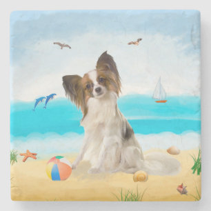 Papillon Dog on Beach Stone Coaster