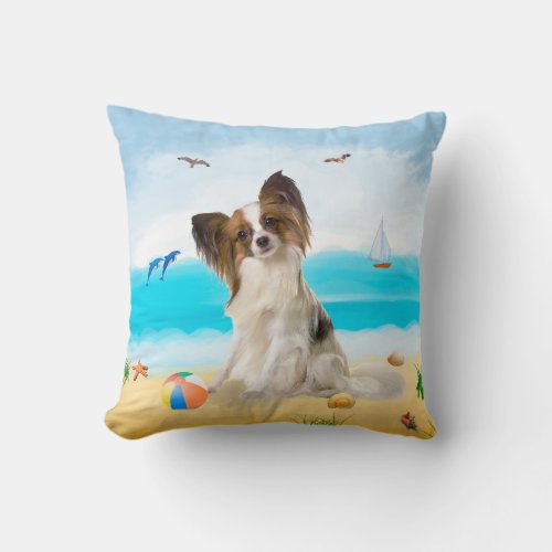 Papillon Dog on Beach Throw Pillow