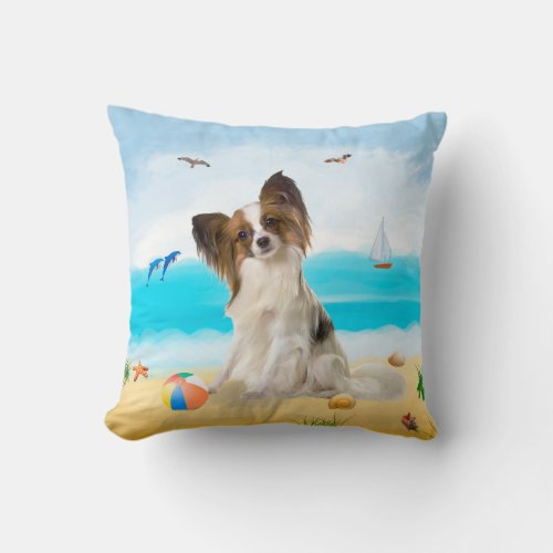 papillon Dog on Beach  Throw Pillow