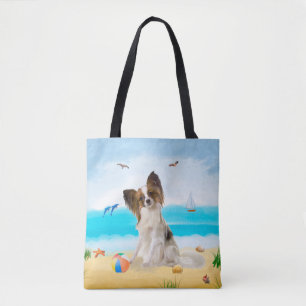Papillon Dog on Beach Tote Bag