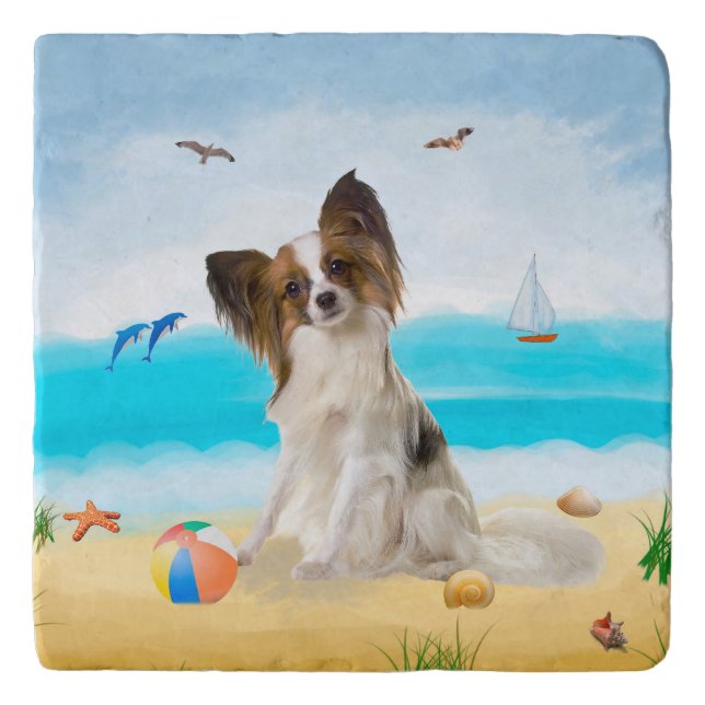 Papillon Dog on Beach Trivet (Front)