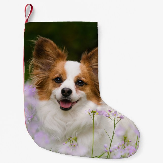 Papillon Dog Romantic Portrait Santa mantle Small Christmas Stocking (Front)