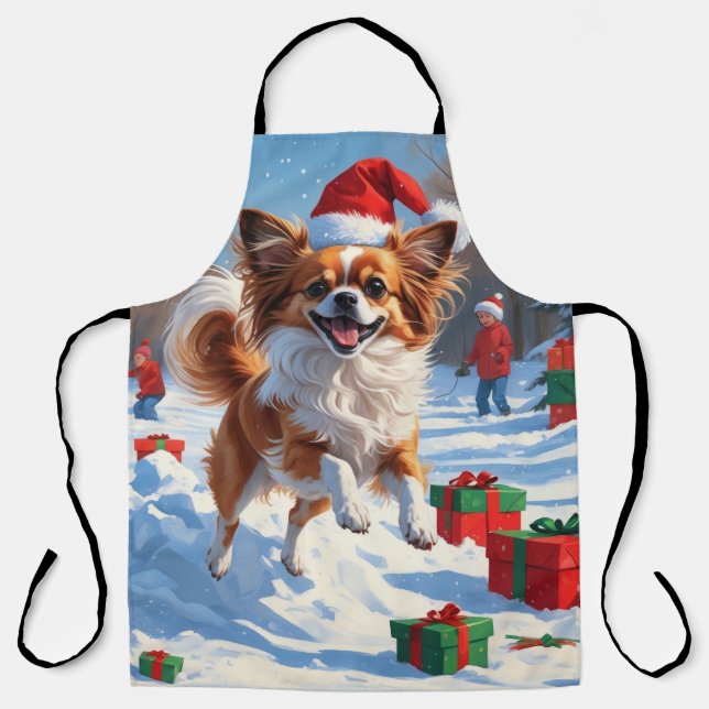 Papillon Dog Running in Snow with Christmas Hat Apron (Front)