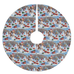 Papillon Dog Running in Snow with Christmas Hat Brushed Polyester Tree Skirt