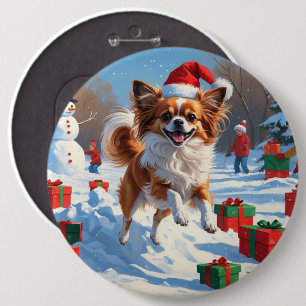 Papillon Dog Running in Snow with Christmas Hat Button