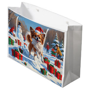 Papillon Dog Running in Snow with Christmas Hat Large Gift Bag