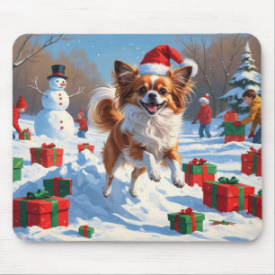 Papillon Dog Running in Snow with Christmas Hat Mouse Pad