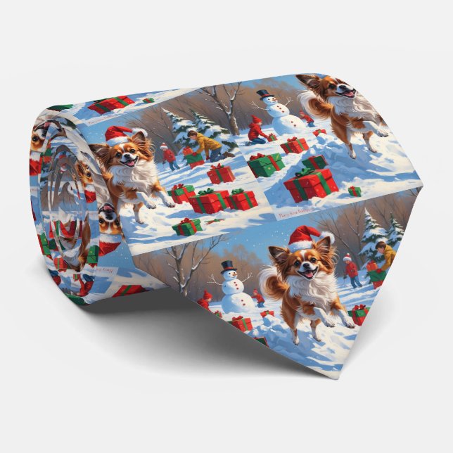 Papillon Dog Running in Snow with Christmas Hat Neck Tie (Rolled)