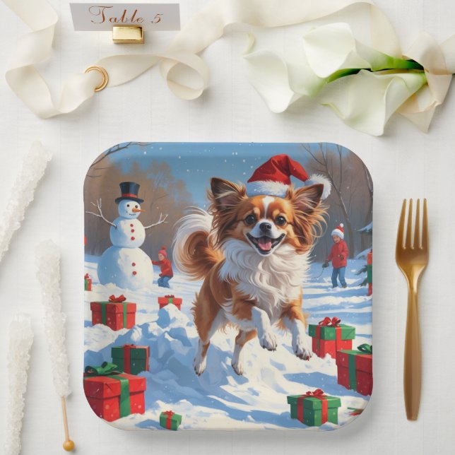 Papillon Dog Running in Snow with Christmas Hat Paper Plates (Wedding)