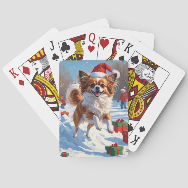 Papillon Dog Running in Snow with Christmas Hat Poker Cards (Back)