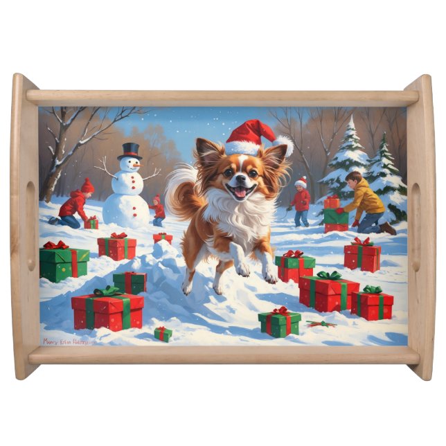 Papillon Dog Running in Snow with Christmas Hat Serving Tray (Front)
