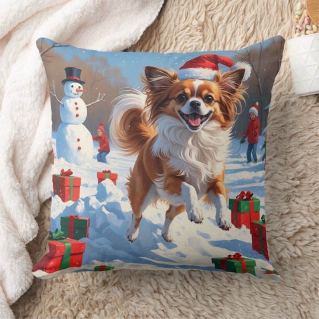 Papillon Dog Running in Snow with Christmas Hat Throw Pillow (Blanket)