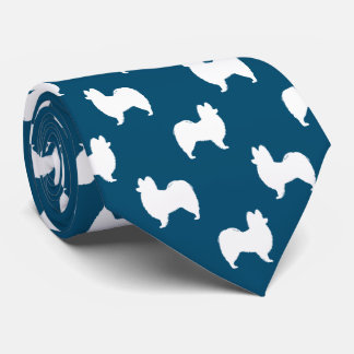 Papillon Dog Silhouettes Pattern Blue and White Neck Tie