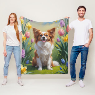Papillon Dog Spring Flowers Painting  Fleece Blanket