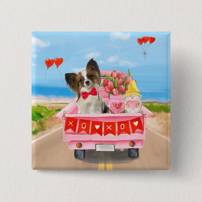 Papillon Dog Valentine's Day Truck Hearts Button (Front)