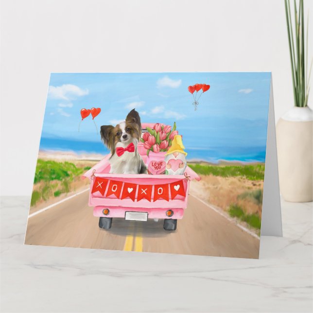 Papillon Dog Valentine's Day Truck Hearts Card (Front)