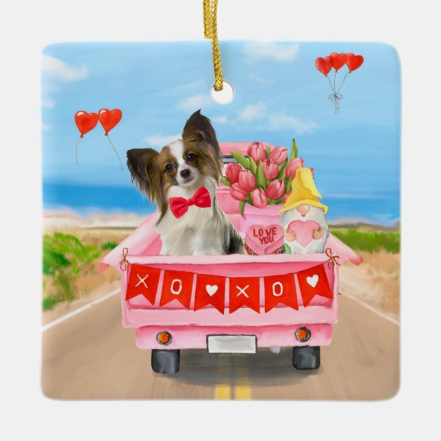 Papillon Dog Valentine's Day Truck Hearts Ceramic Ornament (Front)