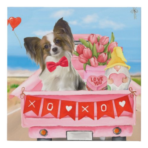 Papillon Dog Valentines Day Truck Hearts Faux Canvas Print