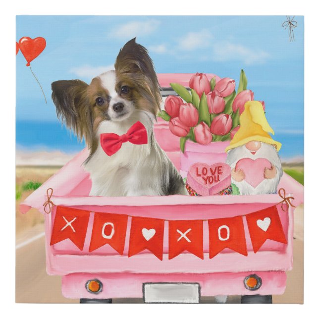 Papillon Dog Valentine's Day Truck Hearts Faux Canvas Print (Front)