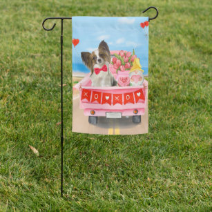 Papillon Dog Valentine's Day Truck Hearts Garden Flag