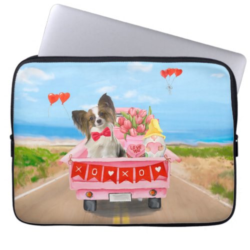 Papillon Dog Valentines Day Truck Hearts Laptop Sleeve